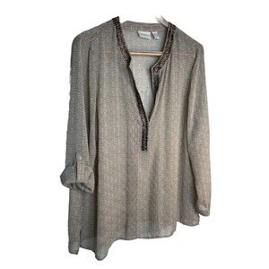 Chicos Grecian Deco Print Sequin Rolltab Slv v neck Blouse Top sz 3 / 16 XL (15)